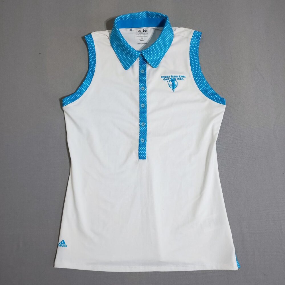 Adidas Golf Top women's size M white & blue colour dots pattern button up neck